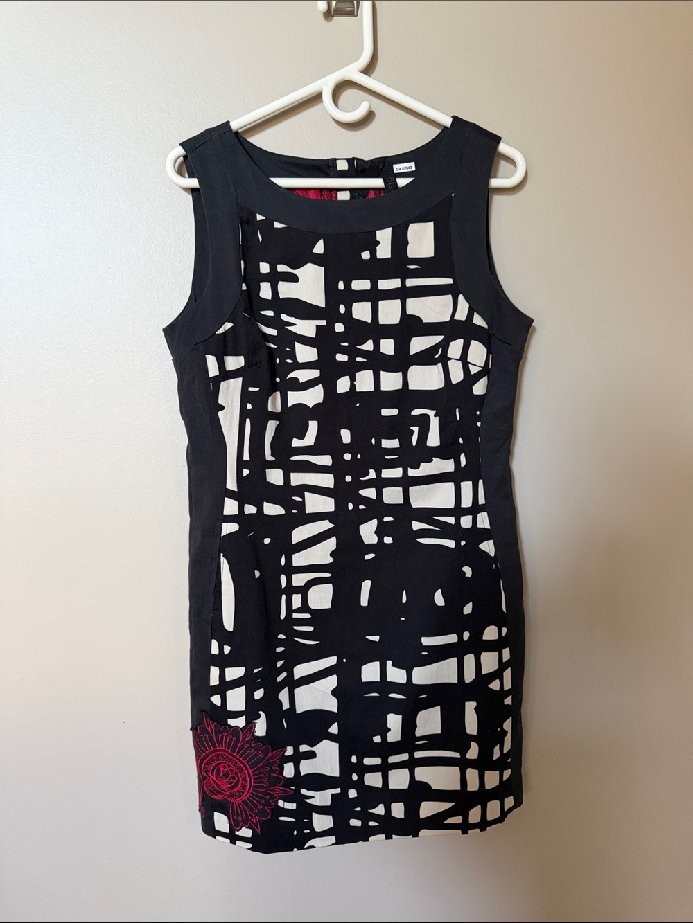 Desigual Black & White Abstract Grid Shift Dress with red Floral Accent